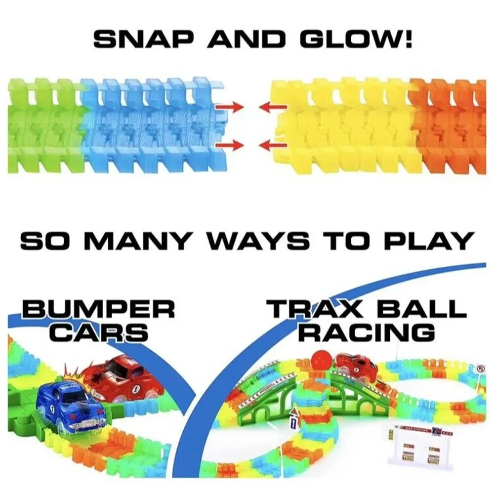 SNAP N GLOW TRAX LIGHT SPEEDWAY SET Racetrack 2 LED CARS Glow in the dark